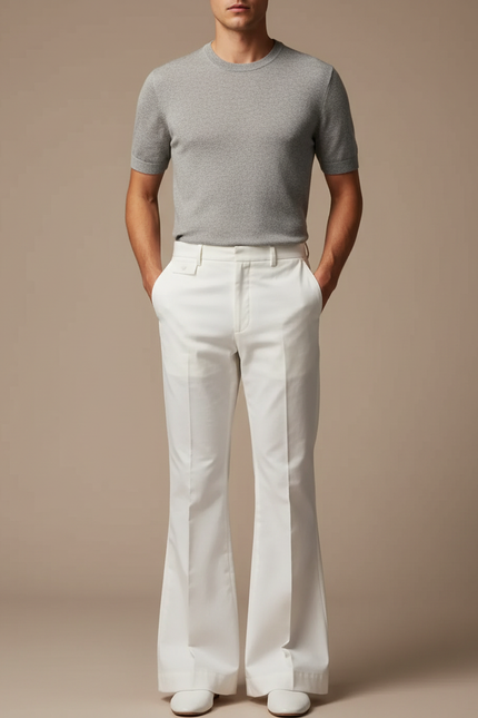 Pantalon Patte D'Éléphant Blanc Évasé Coupe Droite Élégant - Gabardine