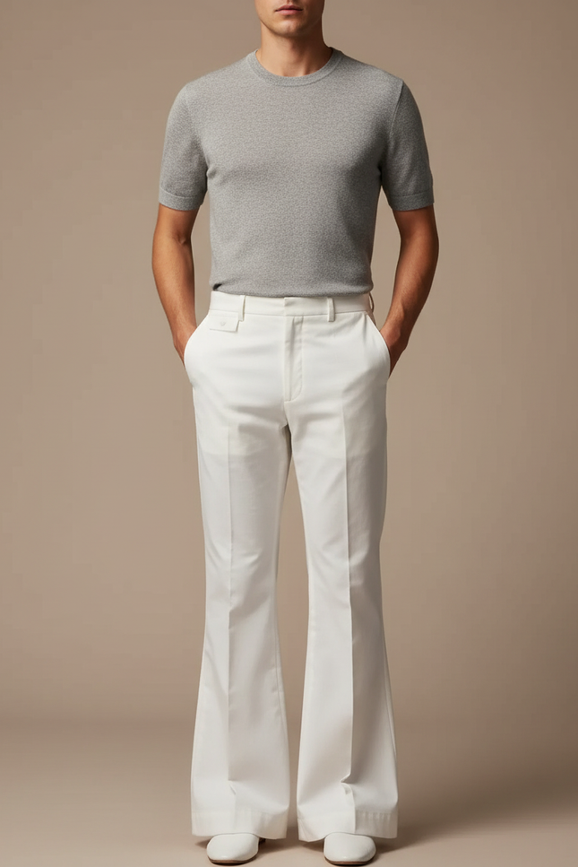 Pantalon Patte D'Éléphant Blanc Évasé Coupe Droite Élégant - Gabardine