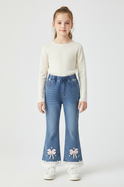 Pantalon Patte D'Éléphant Denim Bleu Nœuds Brodés Fille - Jean
