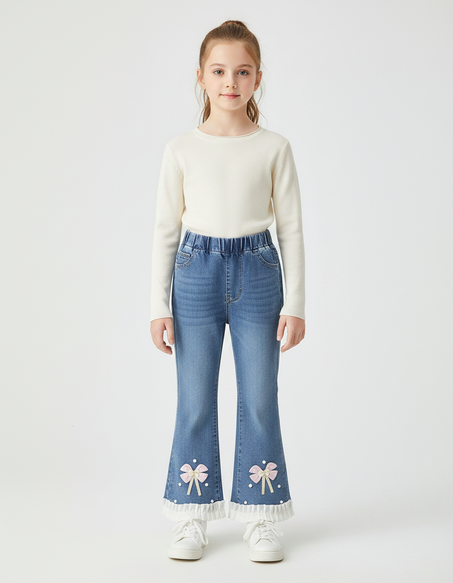 Pantalon Patte D'Éléphant Denim Bleu Nœuds Brodés Fille - Jean
