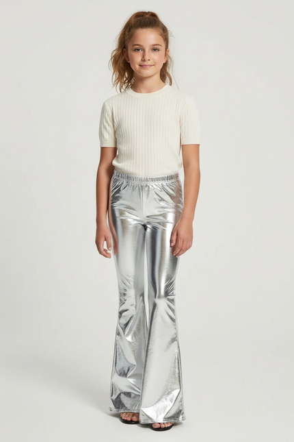 Pantalon Patte D'Éléphant Argenté Métallisé Brillant Évasé - Polyester