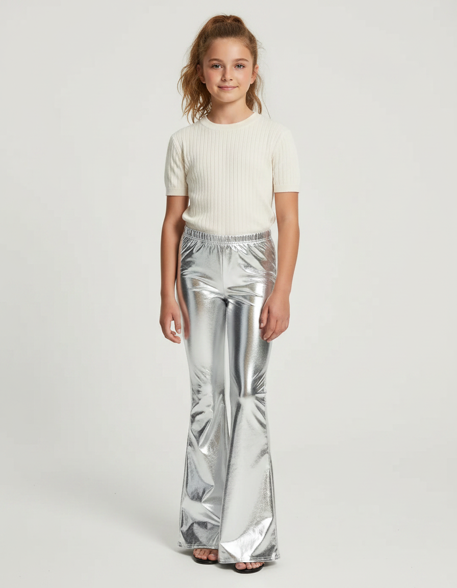 Pantalon Patte D'Éléphant Argenté Métallisé Brillant Évasé - Polyester
