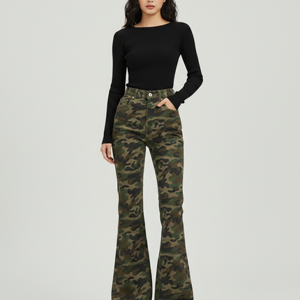 Pantalon Patte D'Éléphant Camouflage Militaire Évasé Rétro Femme - Imprimé Toile