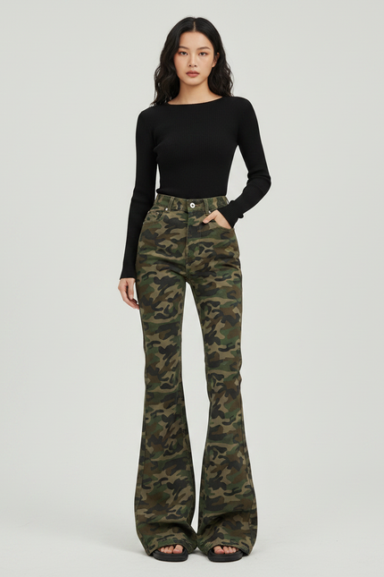 Pantalon Patte D'Éléphant Camouflage Militaire Évasé Rétro Femme - Imprimé Toile