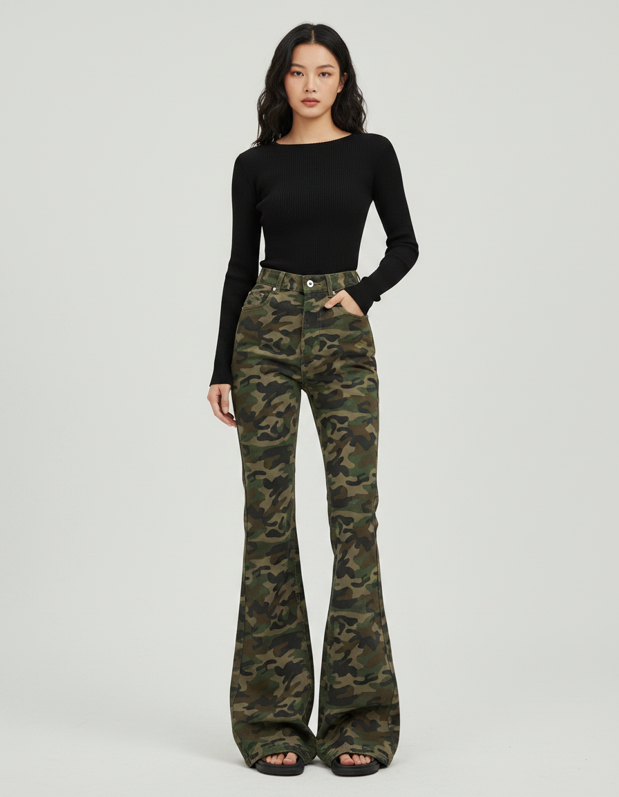 Pantalon Patte D'Éléphant Camouflage Militaire Évasé Rétro Femme - Imprimé Toile