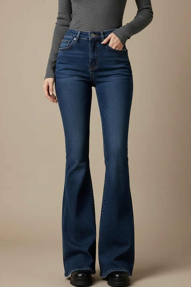 Pantalon Patte D'éléphant Jean Taille Haute - Bleu