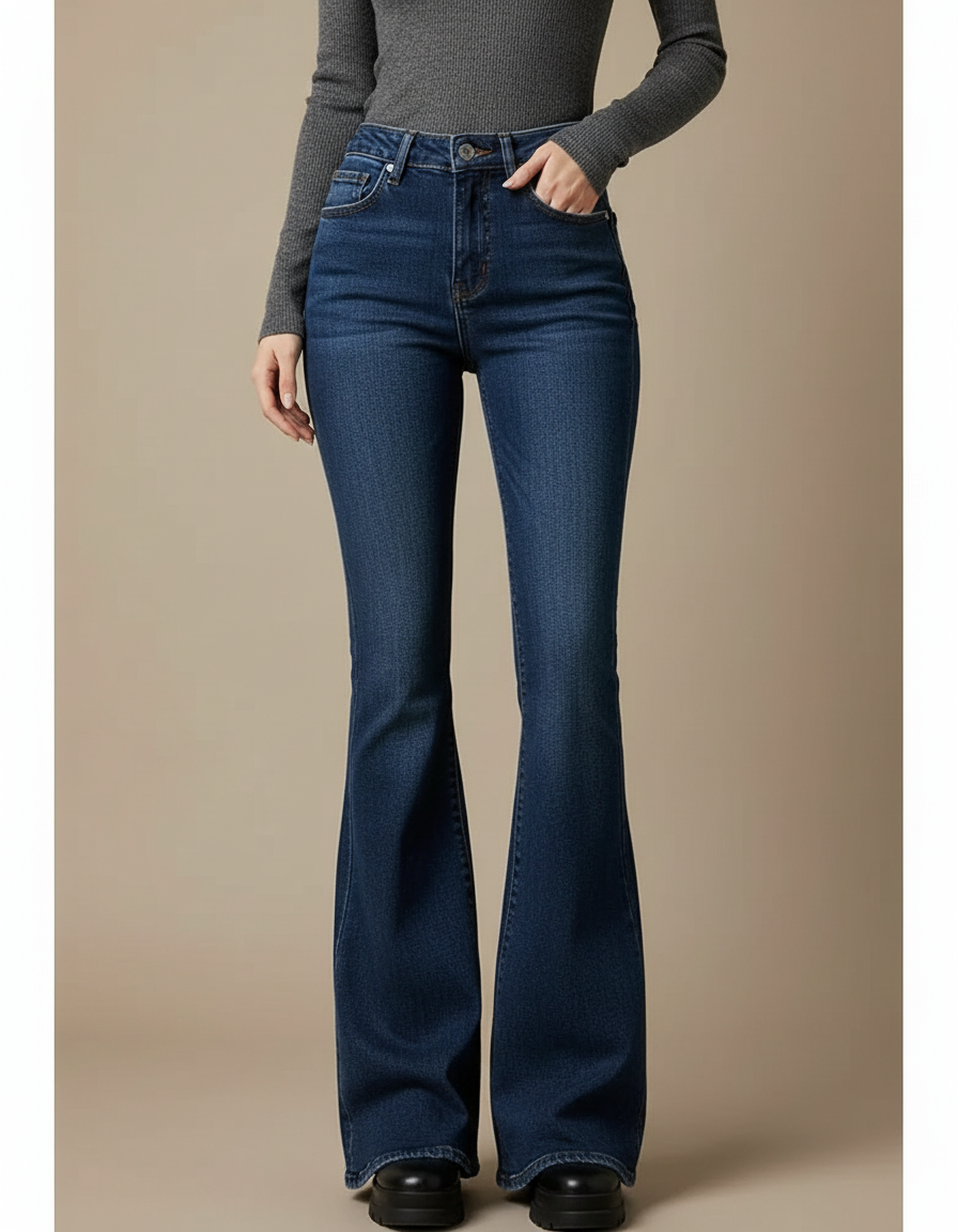 Pantalon Patte D'éléphant Jean Taille Haute - Bleu