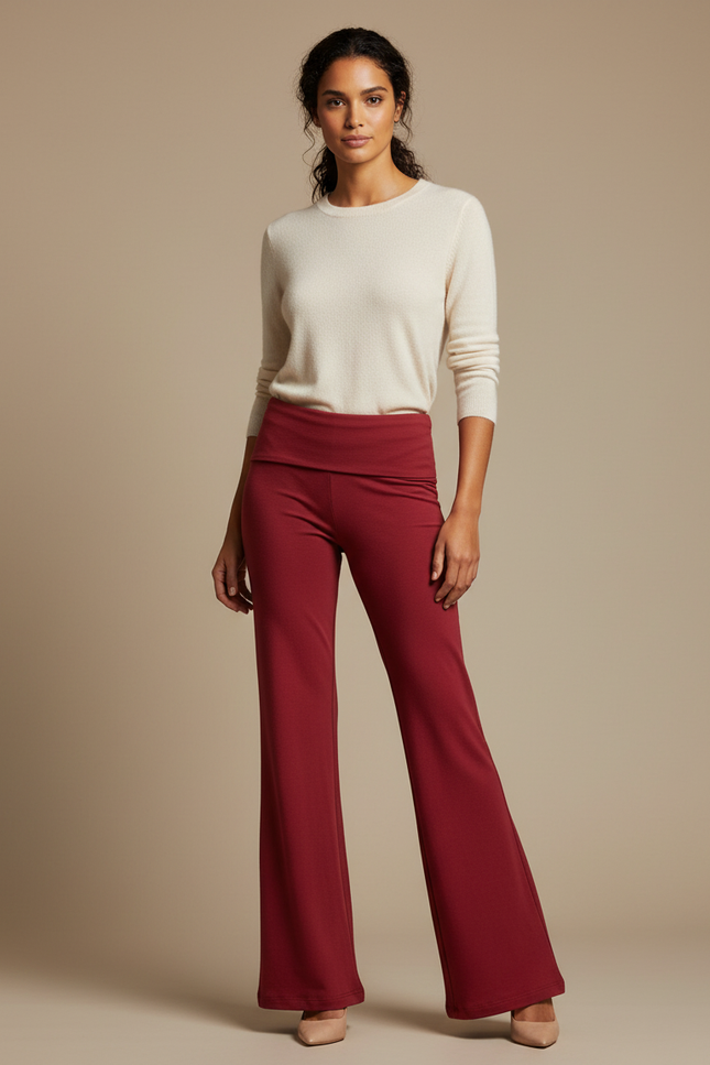 Pantalon Patte D'Éléphant Rouge Brique Taille Haute Fluide Confortable - Bordeaux Maille