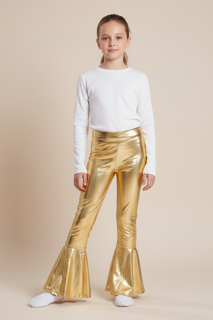 Pantalon Patte D'Éléphant Doré Métallique Brillant Évasé Enfant - Simili cuir