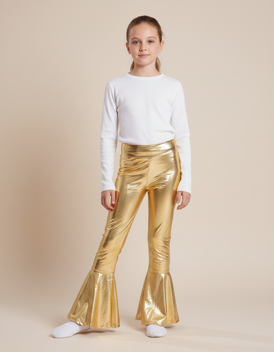 Pantalon Patte D'Éléphant Doré Métallique Brillant Évasé Enfant - Simili cuir