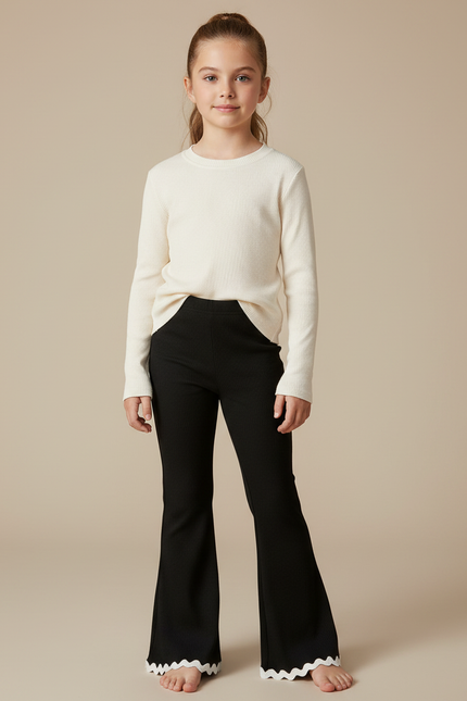 Pantalon Patte D'Éléphant Noir Côtelé Évasé Ondulé Fille - Maille