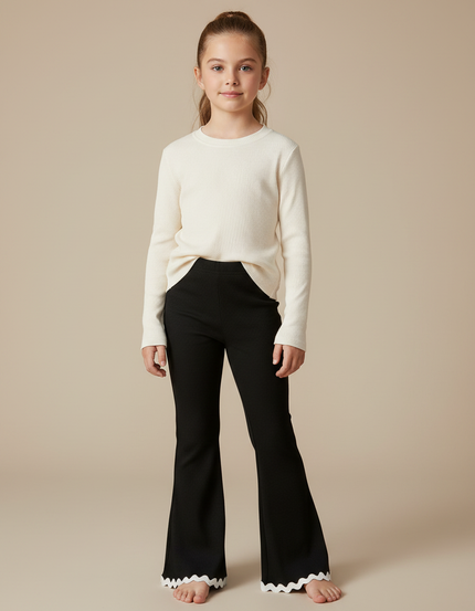 Pantalon Patte D'Éléphant Noir Côtelé Évasé Ondulé Fille - Maille