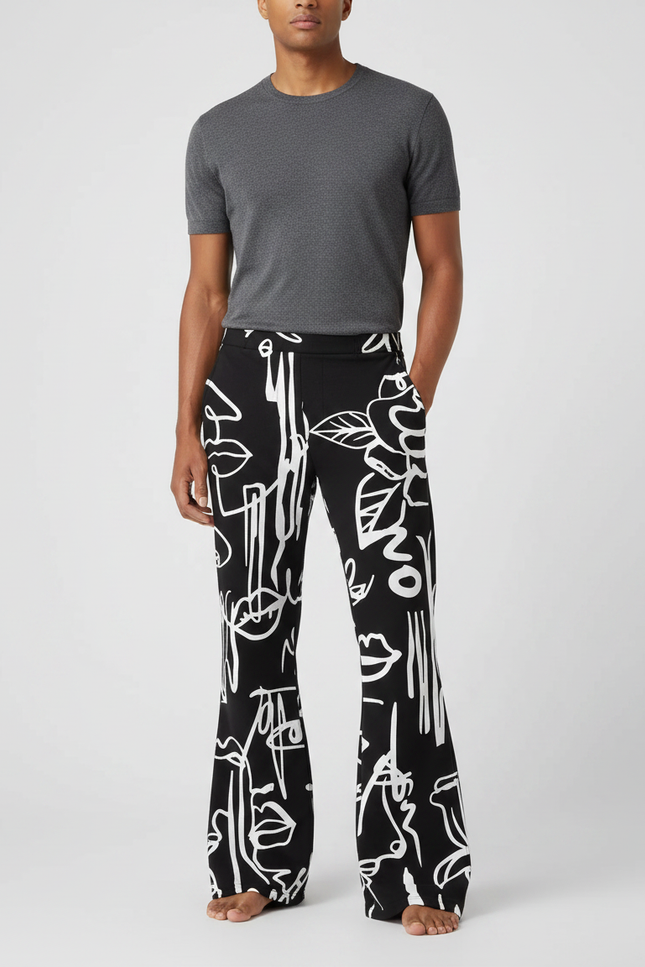 Pantalon Patte D'Éléphant Noir Imprimé Graphique Fluide Homme - Maille