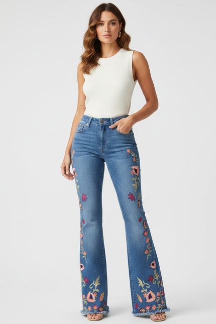 Pantalon Patte D'Éléphant Jean Brodé Floral Frangé Évasé - Bleu