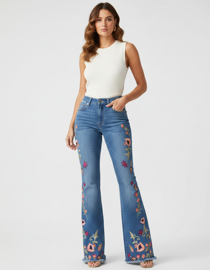 Pantalon Patte D'Éléphant Jean Brodé Floral Frangé Évasé - Bleu