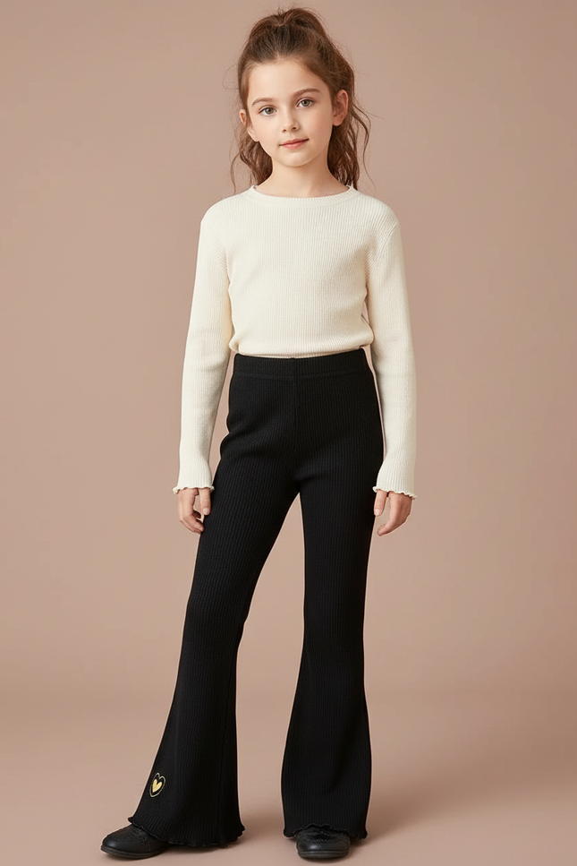 Pantalon Patte D'Éléphant Noir Côtelé Évasé Cœur Fille - Maille