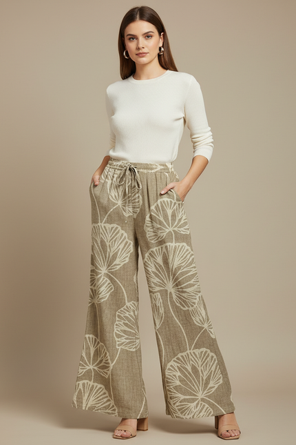 Pantalon Patte D'Éléphant Imprimé Botanique Fluide Beige Cordon - Lin