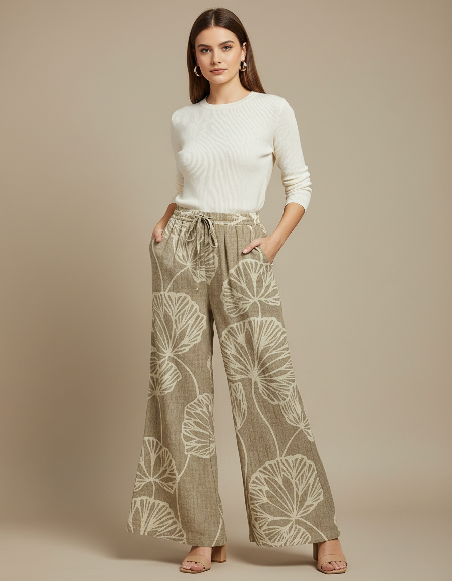 Pantalon Patte D'Éléphant Imprimé Botanique Fluide Beige Cordon - Lin