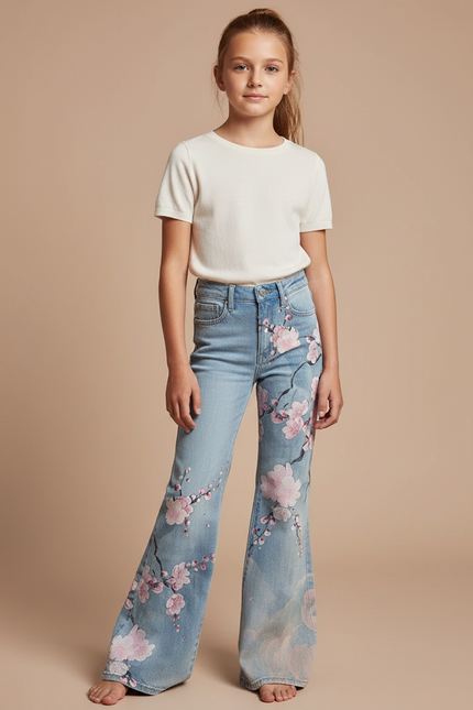 Pantalon Patte D'Éléphant Jean Bleu Imprimé Floral Fille