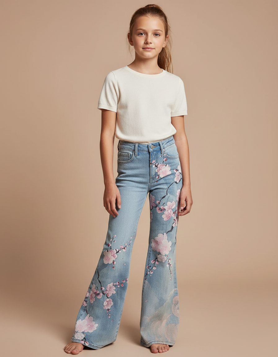 Pantalon Patte D'Éléphant Jean Bleu Imprimé Floral Fille