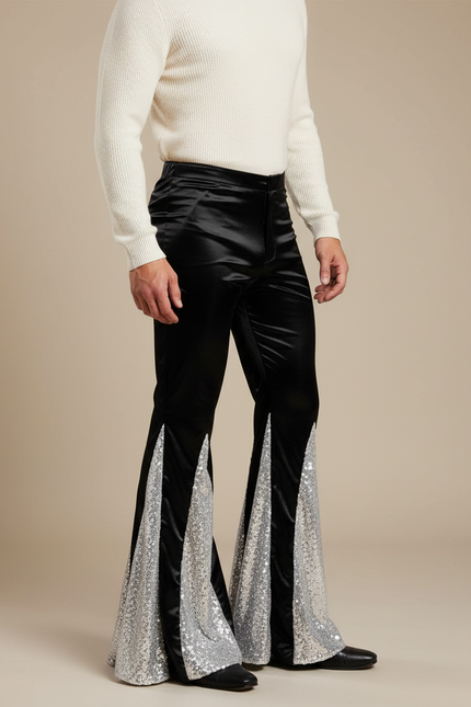 Pantalon Patte D'Éléphant Noir Satin Paillettes Argentées Homme