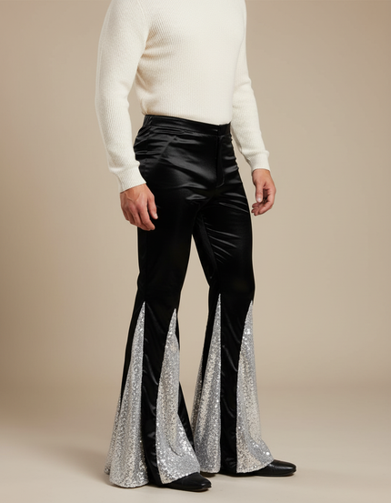 Pantalon Patte D'Éléphant Noir Satin Paillettes Argentées Homme