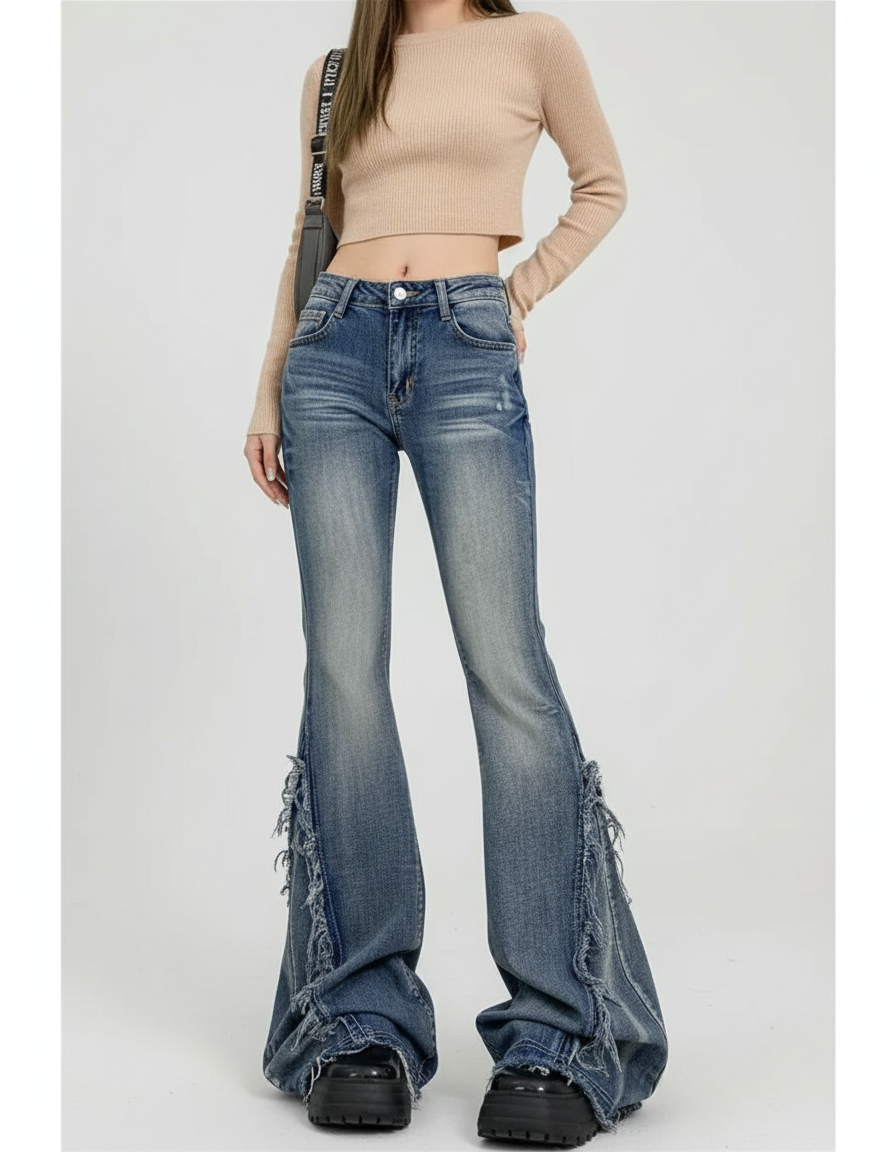Pantalon Patte D'Éléphant Bleu Délavé Effiloché Y2K - Jean