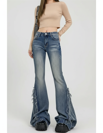 Pantalon Patte D'Éléphant Bleu Délavé Effiloché Y2K - Jean