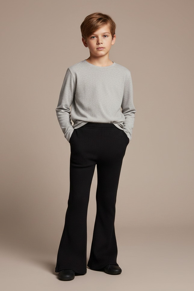 Pantalon Patte D'Éléphant Noir Côtelé Évasé Enfant - Maille