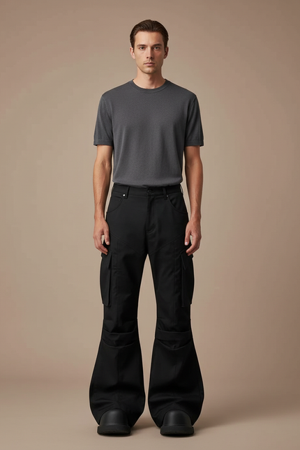 Pantalon Patte D'Éléphant Noir Cargo Évasé Homme Décontracté - Toile