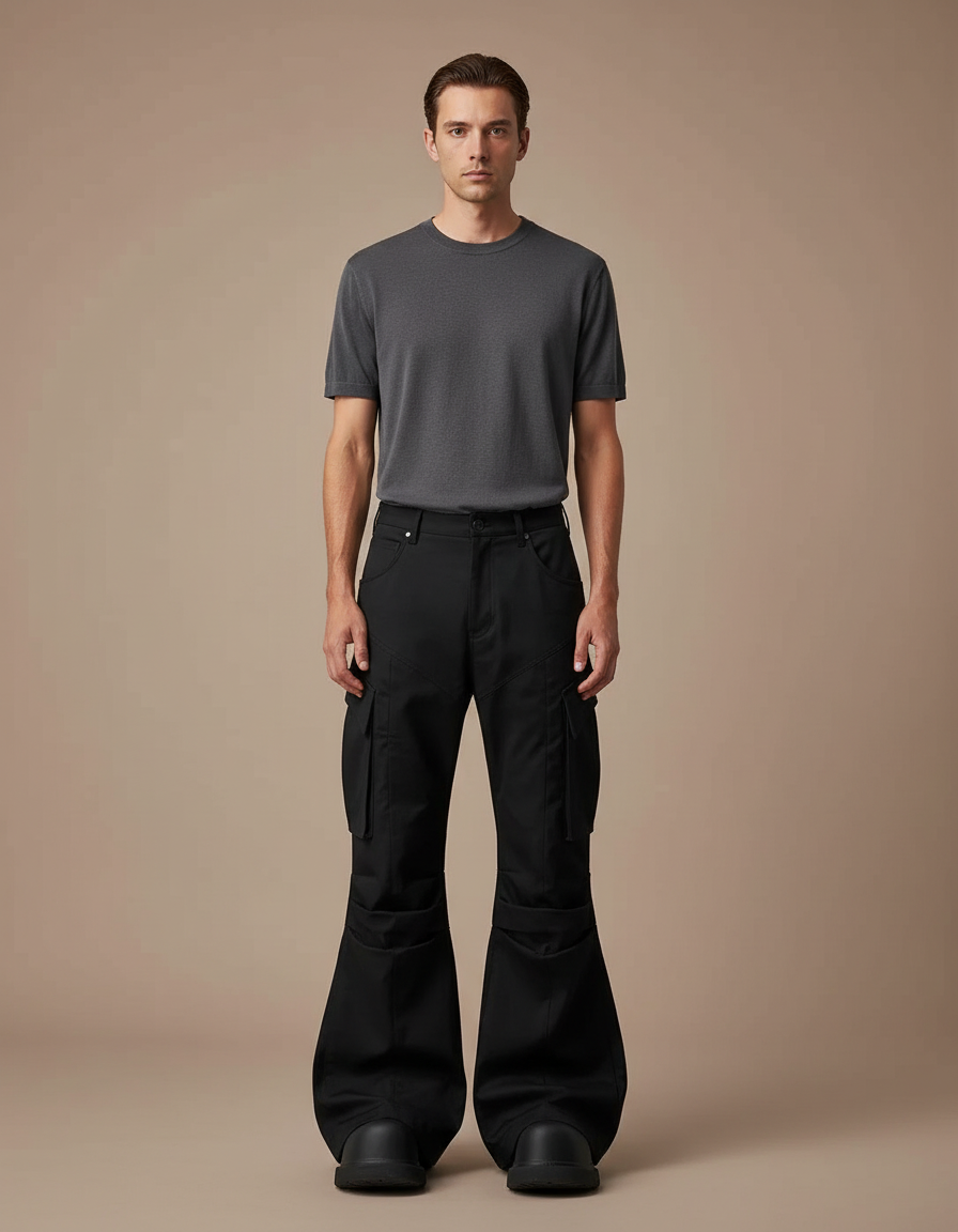 Pantalon Patte D'Éléphant Noir Cargo Évasé Homme Décontracté - Toile