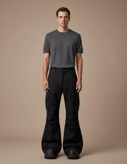 Pantalon Patte D'Éléphant Noir Cargo Évasé Homme Décontracté - Toile