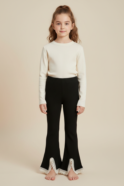 Pantalon Patte D'Éléphant Noir Côtelé Évasé Dentelle Fille - Maille