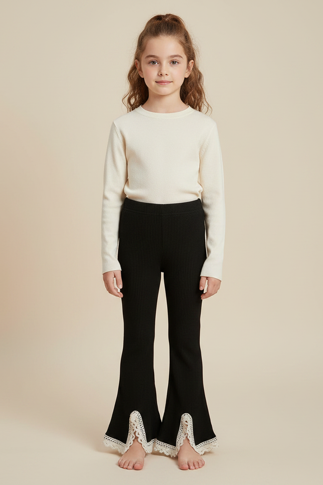 Pantalon Patte D'Éléphant Noir Côtelé Évasé Dentelle Fille - Maille