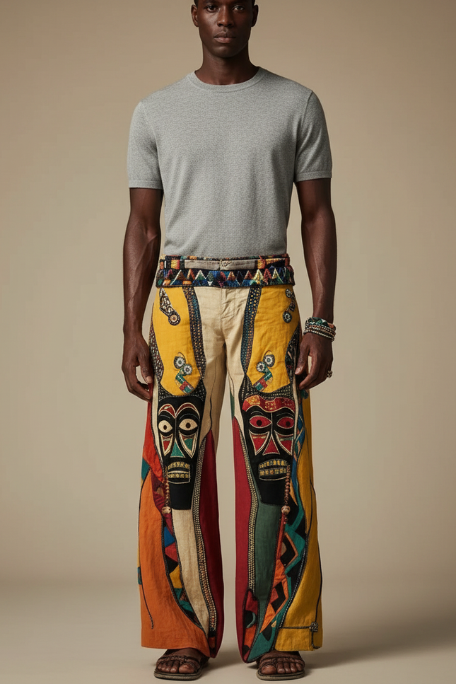 Pantalon Patte D'Éléphant Ethnique Imprimé Totem Africain Ample Homme - Multicolore Lin