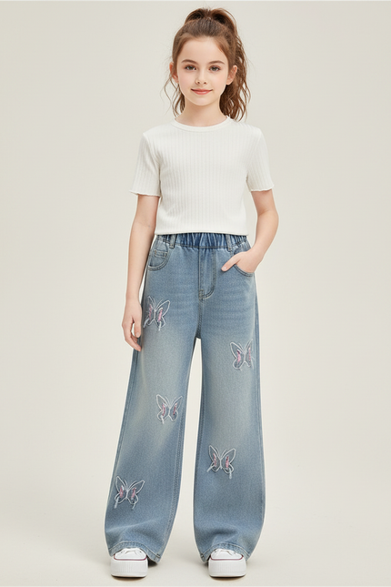 Pantalon Patte D'Éléphant Denim Papillons Brodés Large Fille - Bleu Jean