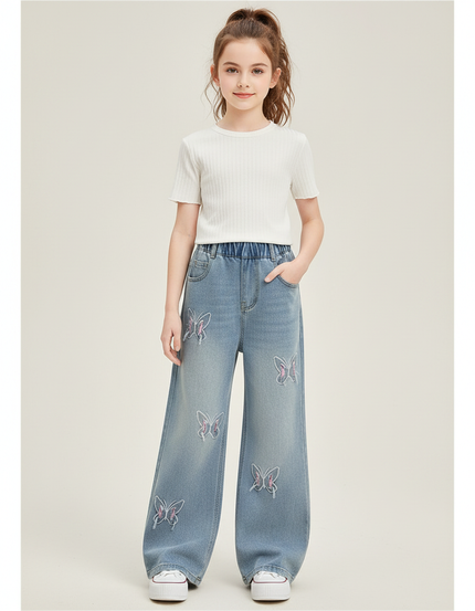 Pantalon Patte D'Éléphant Denim Papillons Brodés Large Fille - Bleu Jean