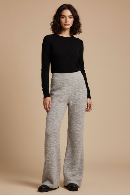 Pantalon Patte D'Éléphant Gris Tricoté Ample Évasé Confortable - Maille