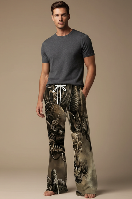 Pantalon Patte D'Éléphant Dragon Imprimé Vintage Confortable Homme - Polyester