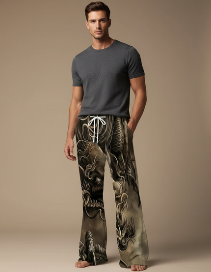 Pantalon Patte D'Éléphant Dragon Imprimé Vintage Confortable Homme - Polyester