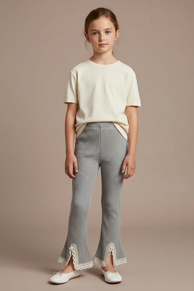 Pantalon Patte D'Éléphant Côtelé Gris Évasé Dentelle Fille - Maille