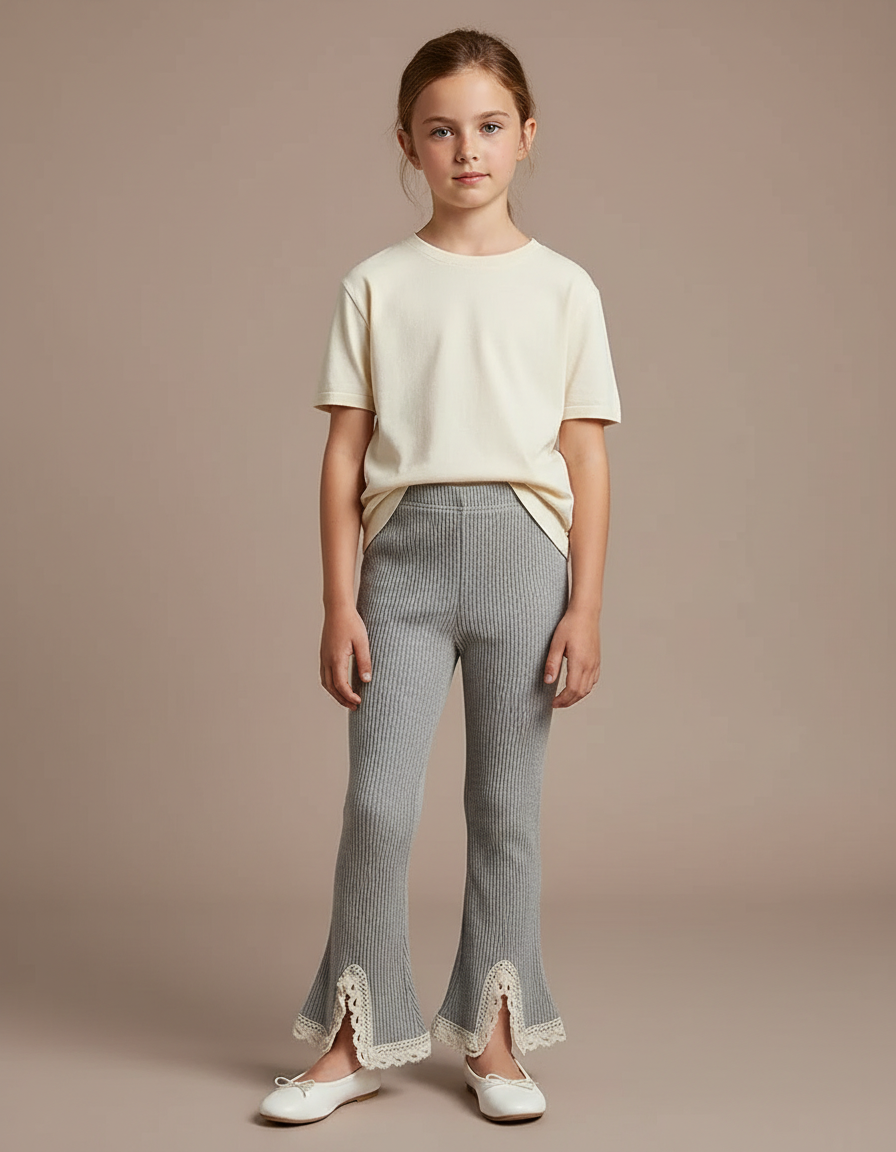 Pantalon Patte D'Éléphant Côtelé Gris Évasé Dentelle Fille - Maille