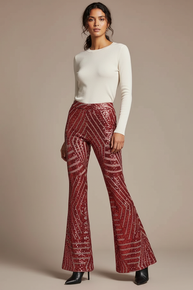Pantalon Patte D'Éléphant Rouge Pailleté Motif Géométrique Évasé - Maille