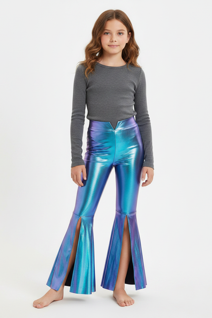Pantalon Patte D'Éléphant Métallique Brillant Bleu Évasé Fille - Simili cuir
