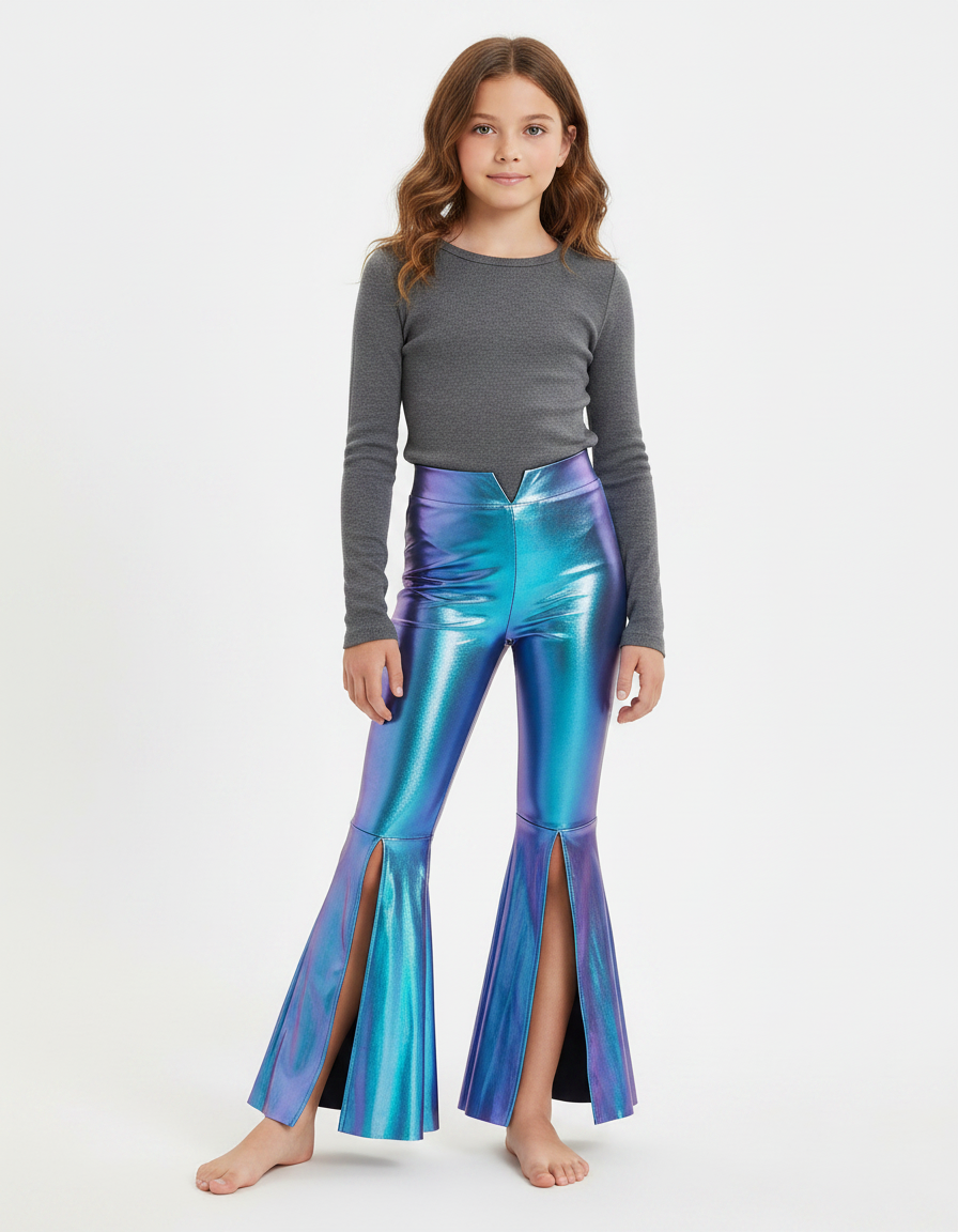 Pantalon Patte D'Éléphant Métallique Brillant Bleu Évasé Fille - Simili cuir