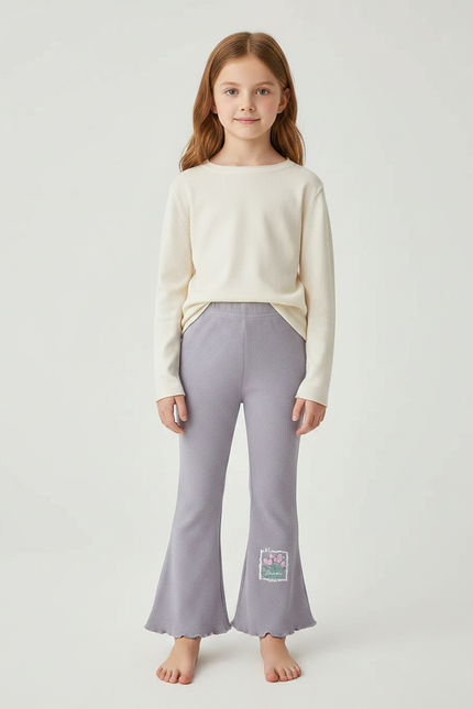 Pantalon Patte D'Éléphant Gris Côtelé Évasé Fleuri Fille - Maille