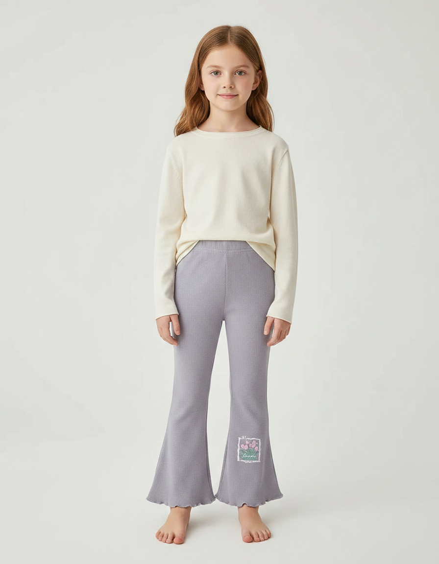 Pantalon Patte D'Éléphant Gris Côtelé Évasé Fleuri Fille - Maille