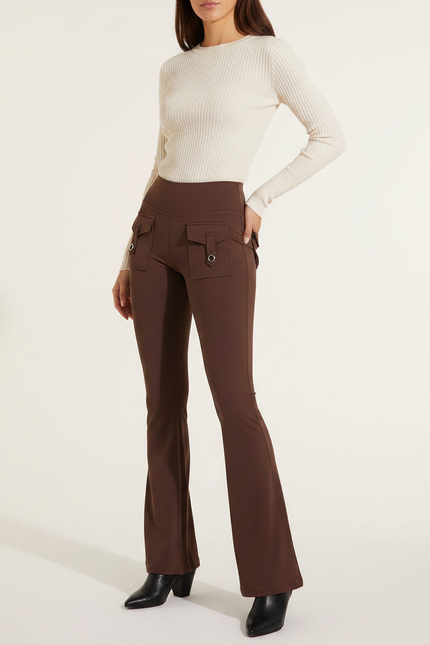 Pantalon Patte D'Éléphant Marron Cargo Taille Haute Confortable - Polyester