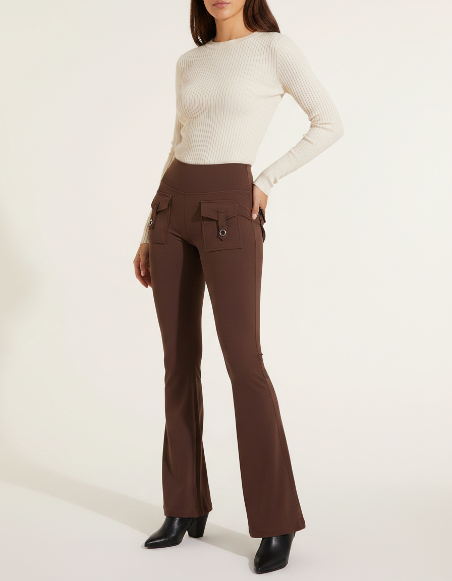 Pantalon Patte D'Éléphant Marron Cargo Taille Haute Confortable - Polyester