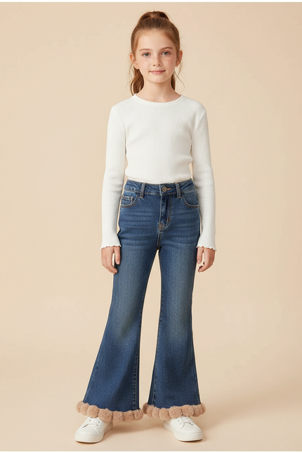 Pantalon Patte D'Éléphant Jean Évasé Fourrure Fille - Bleu
